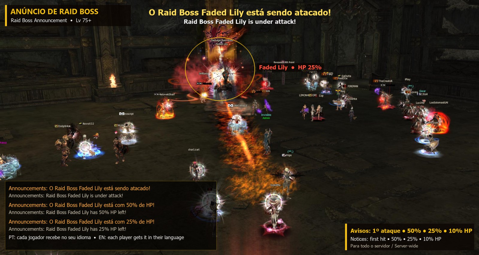 Montagem: o servidor anuncia o primeiro ataque ao Raid Boss e cada queda de HP (50%, 25% e 10%), na tela e no chat, no idioma de cada jogador.