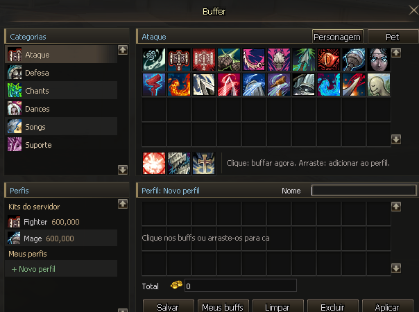 Janela do Buffer Panel exibindo categorias de buffs, kits pré-configurados do servidor e criador de perfis personalizados.
