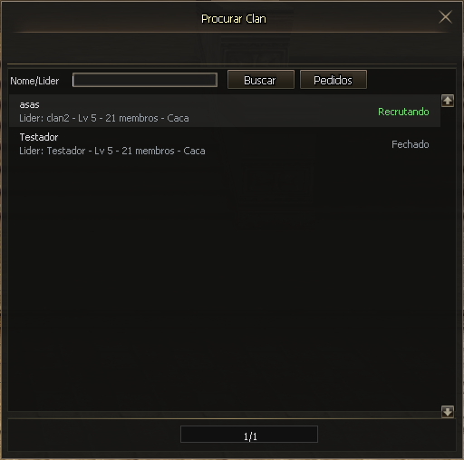 Janela Procurar Clan com a busca por nome ou líder e a lista de clans.