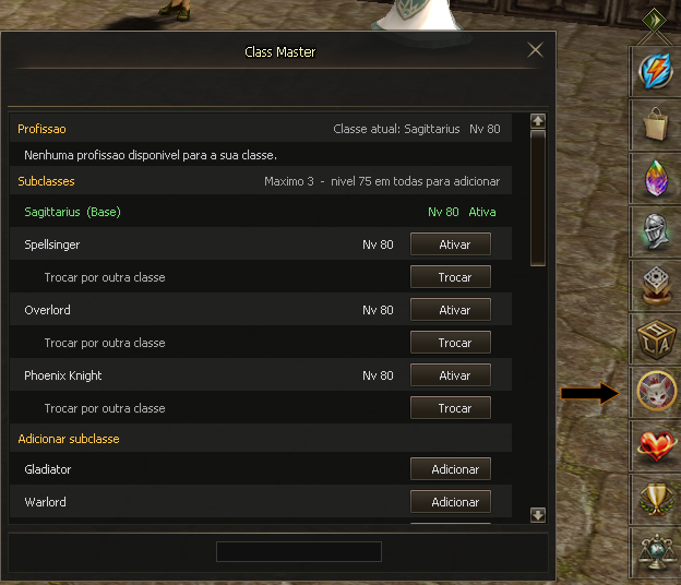 Janela Class Master aberta pelo botão do menu lateral, com profissão, subclasses e a lista para adicionar subclasse.