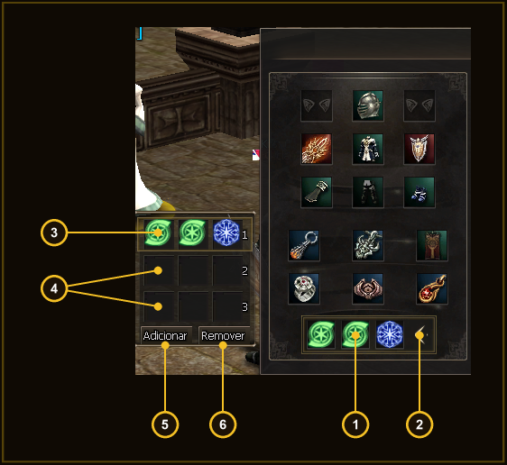Menu de Conjuntos de Dyes anotado com setas numeradas de 1 a 6 indicando cada elemento da interface.