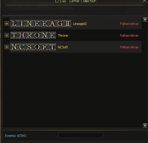 Janela do Evento L2Day exibindo as palavras LineageII, Throne e NCSoft com o status do evento ativo.