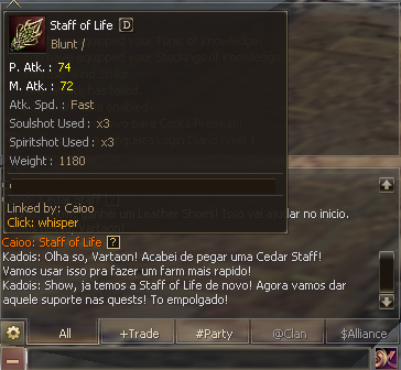 Exemplo de item compartilhado no chat e a tooltip completa exibida ao clicar no link.
