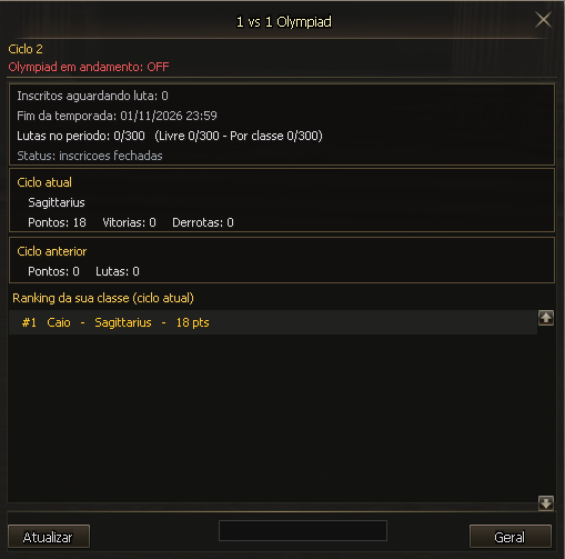 Janela 1 vs 1 Olympiad com ciclo, status da temporada, pontos e ranking da classe.