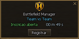 Janela Battlefield Manager com o evento Team vs Team, inscrição aberta e contagem regressiva.