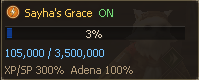 Painel de Sayha’s Grace ativo, com 3% da reserva, 105.000 de 3.500.000 pontos, XP/SP 300% e Adena 100%.