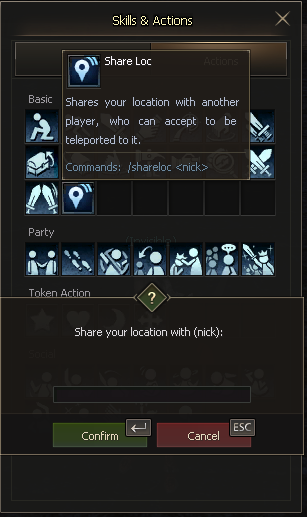 Ação Share Loc na aba Actions (Alt+C), com a descrição do comando /shareloc e a janela para digitar o nick.