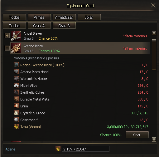 Receita da Arcana Mace expandida, com os materiais necessários, a quantidade que o personagem possui, a taxa em Adena e o botão Criar.