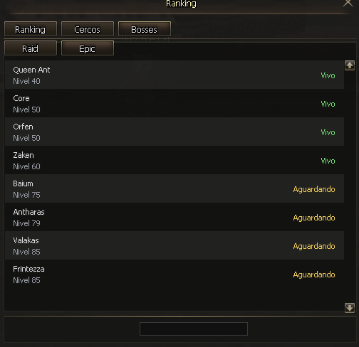 Janela de Ranking in-game exibindo a aba de Bosses Épicos com os status Vivo e Aguardando em tempo real.